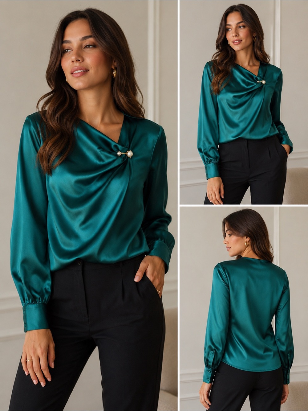 NWT-Condition Emerald Green Satin Draped Blouse Medium | Elegant Long Sleeve Top
